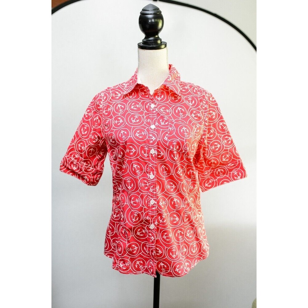 L.L. Bean Top Medium Reg Button up Shirt Anchors Nautical cruise vacation O HYK3